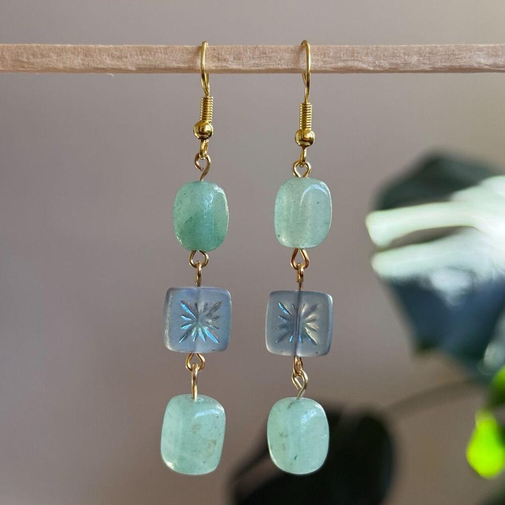 handmade earrings with light green stones and indigo blue czech square beads